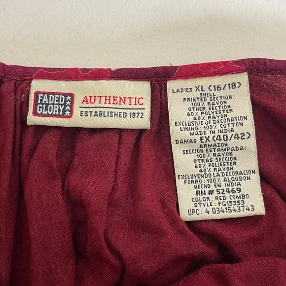 Vintage Faded Glory Peasant Top Women XL Red Floral Velvet Burnout Bell Sleeve - Picture 8 of 10